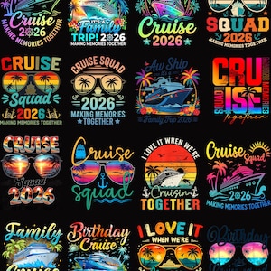 Pode incluir: Uma coleção de designs coloridos com tema de cruzeiro em um fundo preto. Cada design apresenta navios de cruzeiro, óculos de sol, palmeiras e texto como "Cruise 2026" e "Cruise Squad". Os designs são vibrantes e chamativos.