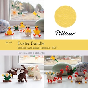 Paquete de patrones de cuentas fusibles de Pascua - 28 diseños Midi Hama / Perler / Nabbi - Tablero redondo de clavijas - Descarga digital en PDF