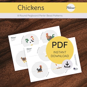 Chickens | 8 Round Pegboard Perler Bead Patterns | Circle Midi Hama Board | Adults + Kids | Digital Download PDF