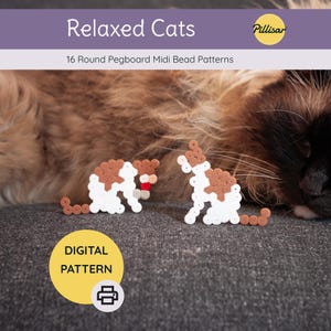 May include: A digital pattern titled Relaxed Cats featuring 16 Round Pegboard Midi Bead Patterns by Pillisar. The image displays two cat figures crafted from white and brown beads, with one cat holding a red bead, positioned near a cat's face.
