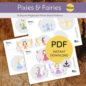 Pixies & Fairies | 16 Round Pegboard Perler Bead Patterns | Circle Midi Hama Board | Adults + Kids | Digital Download PDF