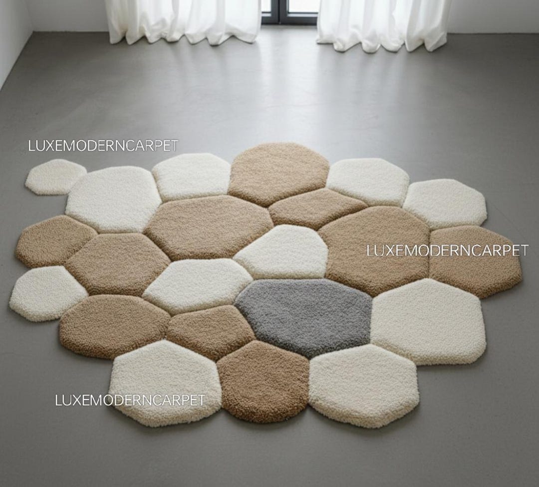 Hexagonal Pattern Rug Modular Hexagon Rug | Modern Honeycomb Design Carpet | Beige & Ivory ...