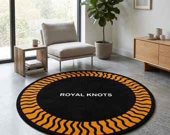 Hand Tufted Wool Round Rug | Black & Mustard Wave Border