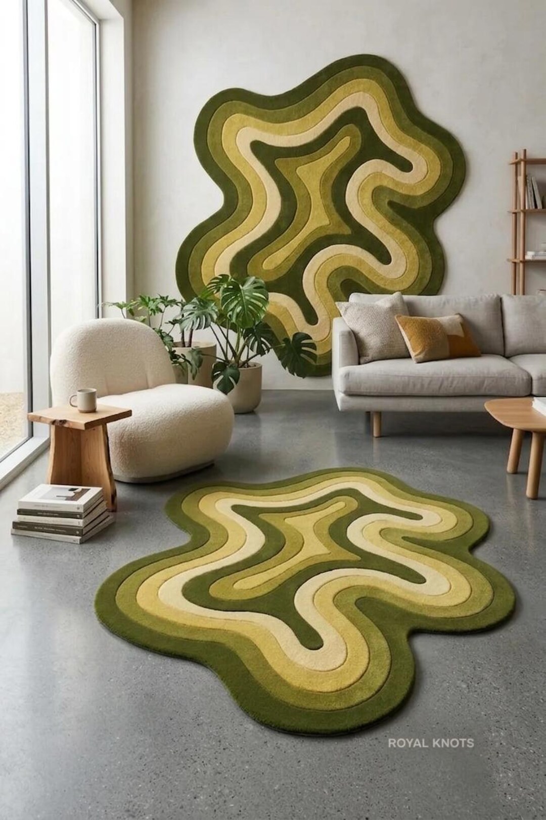 Hand Tufted Wool Rug | Abstract Organic Shape, Green & Yellow - Etsy