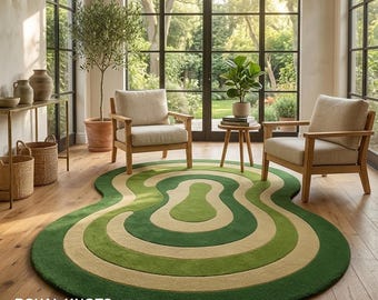Hand Tufted Wool Rug, Abstract Green Organic Shape, Custom Size