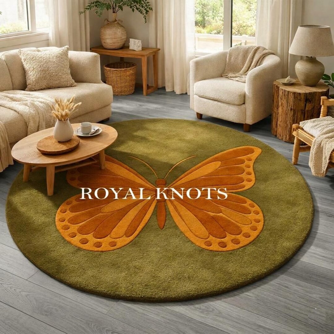 Hand Tufted Wool Round Rug, Green Butterfly Design, Boho Decor - Etsy