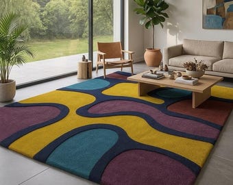 Alfombra de lana tejida a mano / Diseño geométrico abstracto moderno
