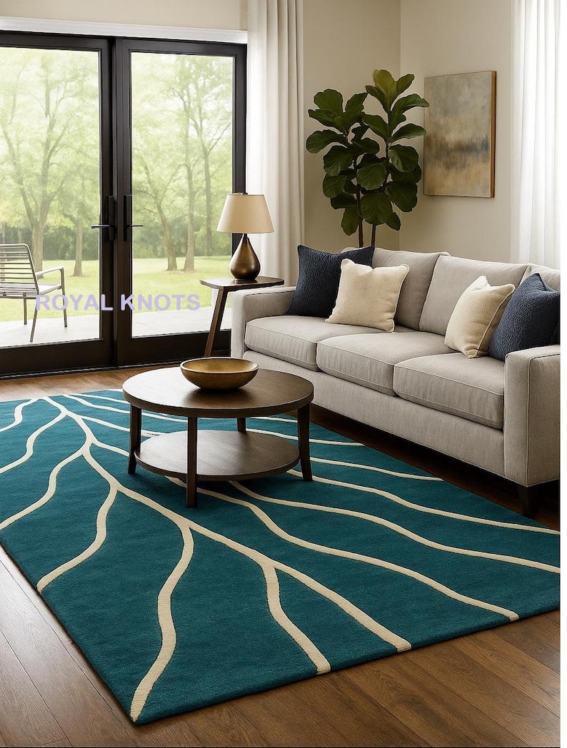 Hand Tufted Wool Area Rug – Teal Blue Abstract Wavy Design - Etsy