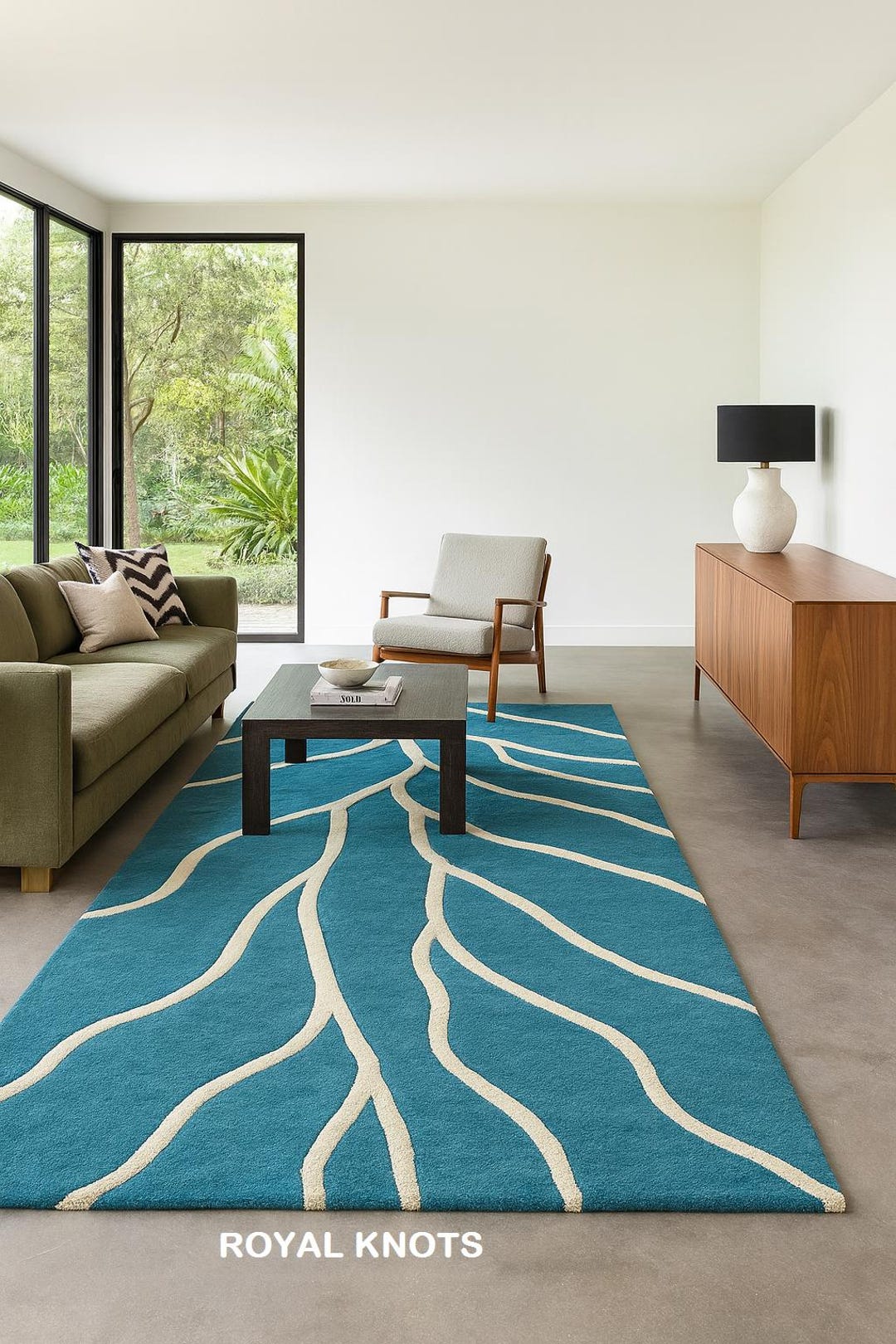Hand Tufted Wool Area Rug – Teal Blue Abstract Wavy Design - Etsy