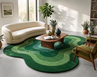Alfombra abstracta verde tejida a mano con ondas orgánicas, decoración moderna para el hogar.