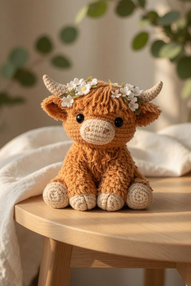 May include: A crocheted Highland cow plush toy in shades of brown and beige, adorned with a delicate floral crown. The handmade cow has small horns and large, dark eyes, sitting on a wooden surface.