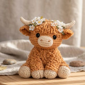 May include: A handmade crochet Highland cow plushie in shades of brown and beige. The plush toy has a fluffy body, small horns, and a delicate floral crown. The cow is sitting on a wooden surface.