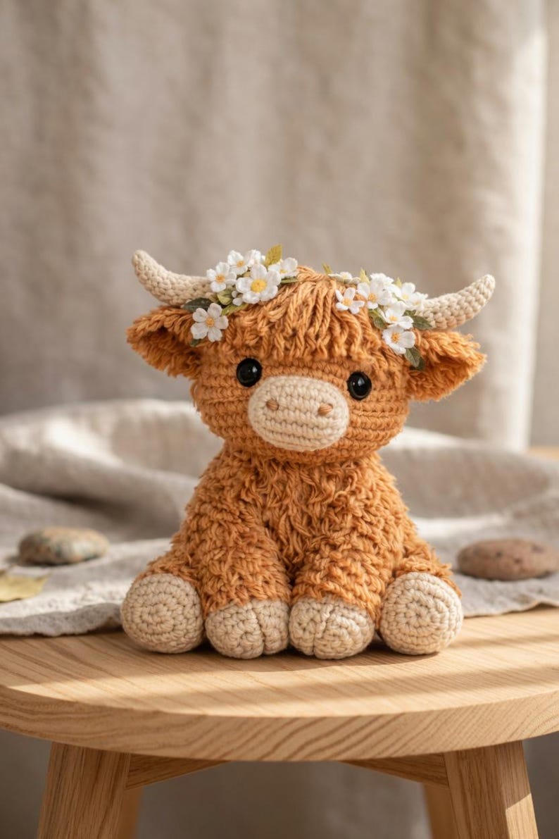May include: A handmade crochet Highland cow plushie in shades of brown and beige. The plush toy has a fluffy body, small horns, and a delicate floral crown. The cow is sitting on a wooden surface.