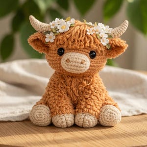 May include: A crocheted Highland cow plush toy in shades of brown and beige, adorned with a floral crown. The handmade stuffed animal has black eyes and is sitting on a wooden surface. The plush toy is a charming decorative item.