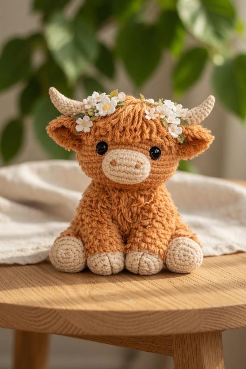 May include: A crocheted Highland cow plush toy in shades of brown and beige, adorned with a floral crown. The handmade stuffed animal has black eyes and is sitting on a wooden surface. The plush toy is a charming decorative item.