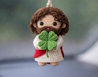 Jesus Car Charm, Crochet Christian Rearview Mirror Ornament, Catholic Religious Gift with Shamrock
