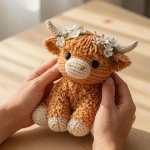 May include: A handmade crochet Highland cow plushie in shades of brown and tan. The plushie has small horns, black eyes, and a floral crown. The cow is sitting on a wooden surface.