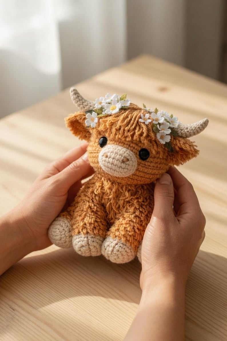 May include: A handmade crochet Highland cow plushie in shades of brown and tan. The plushie has small horns, black eyes, and a floral crown. The cow is sitting on a wooden surface.
