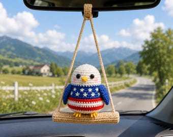 Patriotic Eagle Crochet Car Hanging, American Eagle Car Charm, USA Independence Day Decor, Fourth of July Crochet Ornament, America 250 Gift