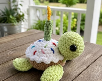 Birthday Turtle Crochet Plush, Handmade Turtle Birthday Gift with Cupcake Shell, Cute Amigurumi Turtle Toy