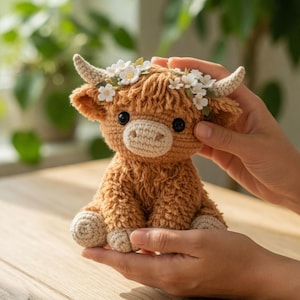 May include: A handmade crochet Highland cow plushie in shades of brown and beige. The cow has small horns, black eyes, and a floral crown. The plushie is held in someone's hands, showcasing its soft texture and detailed craftsmanship.