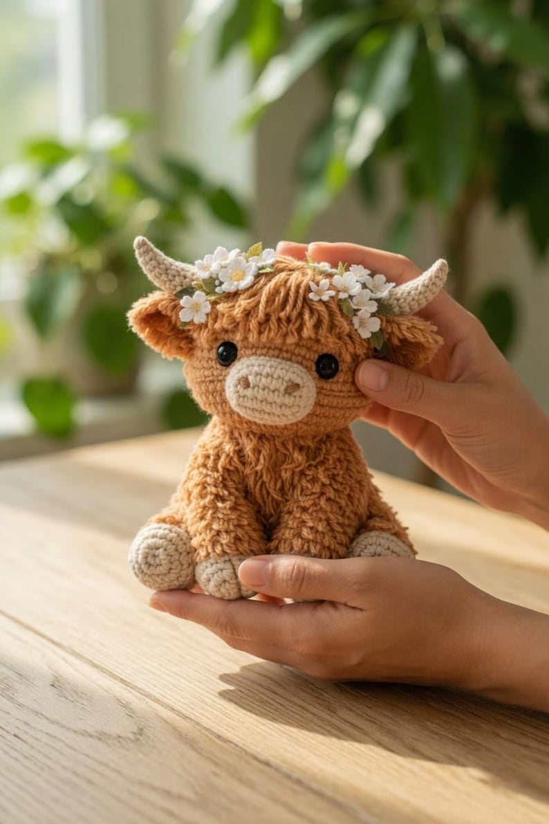 May include: A handmade crochet Highland cow plushie in shades of brown and beige. The cow has small horns, black eyes, and a floral crown. The plushie is held in someone's hands, showcasing its soft texture and detailed craftsmanship.