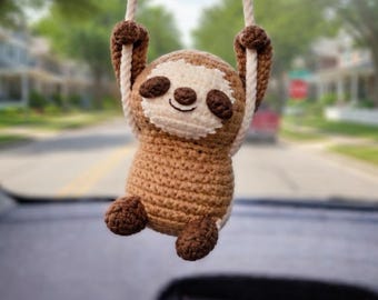 Crocheted Sloth Car Hanging Ornament, Rearview Mirror Charm, Handmade Car Accessory