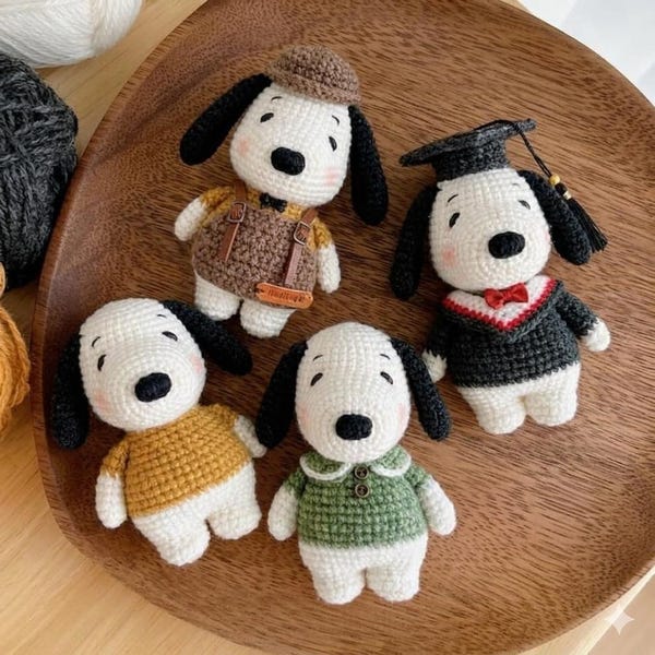 Snoopy Crochet Doll, Amigurumi Dog Plush Toy, Cartoon Kawaii Figure, Gift for Dog Lovers