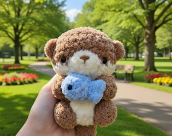 Handmade Crochet Otter Plush Holding Fish, Amigurumi Stuffed Animal Toy