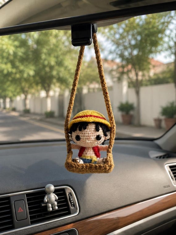 Luffy One Piece Crochet Car Hanging, Chopper Crochet Car Charm, Anime Rear View Mirror Decor, Handmade Amigurumi Ornament, Anime Fan Gift