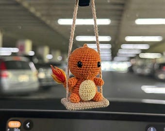 Pokem0n Crochet Car Hanging, Charmander Car Charm, Pokem0n Rearview Mirror Decor, Handmade Crochet Car Accessory, Anime Gift
