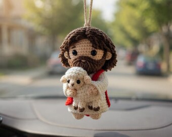 Jesus Crochet Car Hanging, Handmade Christian Rearview Mirror Charm, Jesus Holding Lamb Amigurumi Decor, Religious Car Accessory Gift