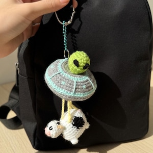 Crochet UFO Keychain, Alien Cow Abduction Charm, Amigurumi Bag Accessory, Sci-Fi Gift