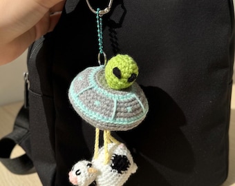Crochet UFO Keychain, Alien Cow Abduction Charm, Amigurumi Bag Accessory, Sci-Fi Gift