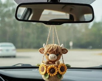 Crochet Highland Cow Car Charm, Sunflower Pot Hanging Decor, Amigurumi Accessory, Boho Farmhouse Decor