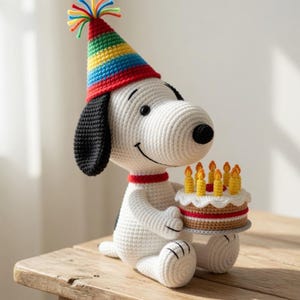 May include: A crocheted Snoopy figure wearing a rainbow party hat and a red collar, holding a birthday cake with lit candles. The figure is white with black ears and a black nose. The cake is brown, white, and red.