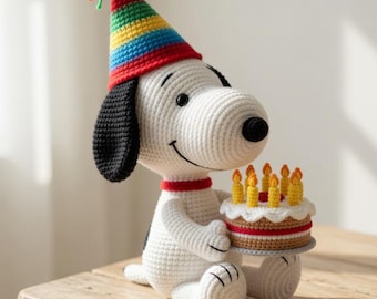 Snoopy Birthday Crochet Plush, Handmade Snoopy Birthday Gift, Crochet Dog Plush, Birthday Amigurumi, Cute Snoopy Plush Toy, Celebration Gift