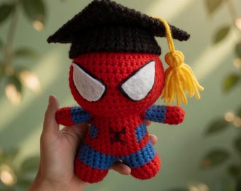 Crochet Spider-Man Graduation Doll, Handmade Superhero Amigurumi Plush, Cute Graduate Gift, Spider Man Inspired Doll
