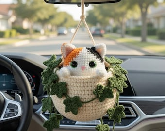 Cat Car Hanging Crochet, Calico Cat Crochet, Crochet Plant Cat Decor, Handmade Cat Lover Gift, Cute Car Accessory
