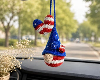 Gnome Patriotic Car Hanging, USA Flag Crochet, Patriotic Rear View Mirror Charm, July 4th Handmade Car Decor Gift