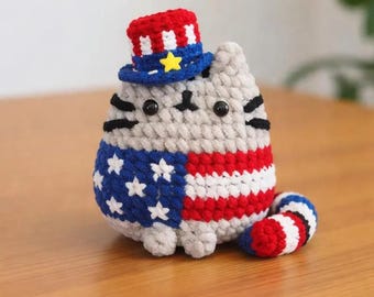 Patriotic Cat Crochet Plush, USA Cat Amigurumi, July 4th Crochet Cat, American Flag Kitty, Handmade Patriotic Decor, Independence Day Gift