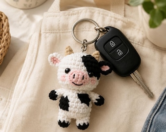 Cow Crochet Keychain, Handmade Highland Cow Plush Charm, Cute Amigurumi Farm Animal Keyring, Kawaii Cow Bag Accessory, Cow Lover Gift
