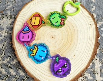 Stardew Valley Acrylic Keychain Set Junimo Pixel Charm Stained Glass Effect with Glitter and Backing Card