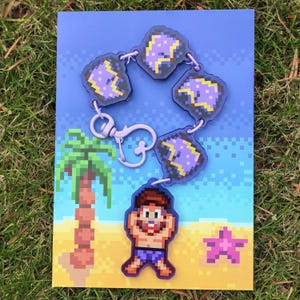 Stardew Valley Acrylic Keychain Set Lewis Purple Shorts Pixel Charm Stained Glass Effect with Glitter and Backing Card