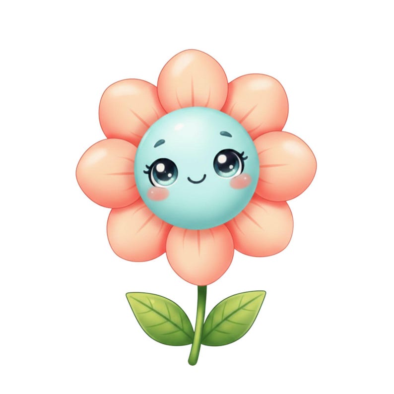 May include: A cartoon flower illustration with a smiling face. The flower has a light blue centre and peach petals. It features large eyes and rosy cheeks. Green leaves and a stem are also present, all set against a white background.