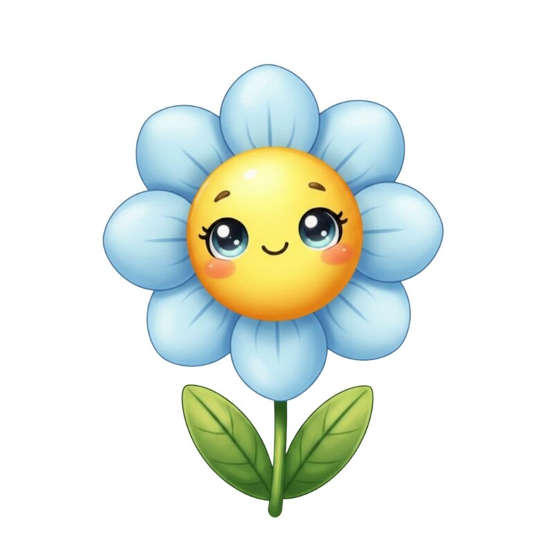 May include: A cartoon illustration of a smiling flower with light blue petals and a yellow centre. The flower has large, expressive eyes and rosy cheeks, with green leaves and a stem.