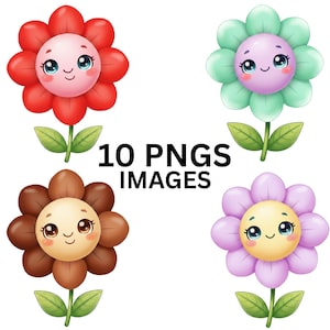 May include: Four cartoon flowers in red, green, brown, and purple with smiling faces and green leaves. The text "10 PNGS IMAGES" is in the centre of the image.
