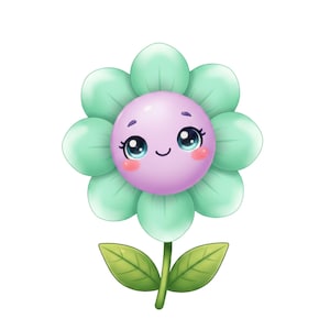 May include: A cartoon illustration of a smiling flower with light green petals and a purple centre. The flower has large, expressive eyes, rosy cheeks, and green leaves.