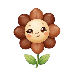 May include: A cartoon illustration of a smiling flower with a light tan face, brown petals, green leaves, and a green stem. The flower has large brown eyes, rosy cheeks, and a small smile. The petals are a darker shade of brown, and the leaves are green.