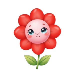 May include: A cartoon flower illustration with a pink face, large blue eyes, and red petals. The flower has green leaves and a green stem, set against a white background. The flower has a smiling expression, giving it a cheerful appearance.